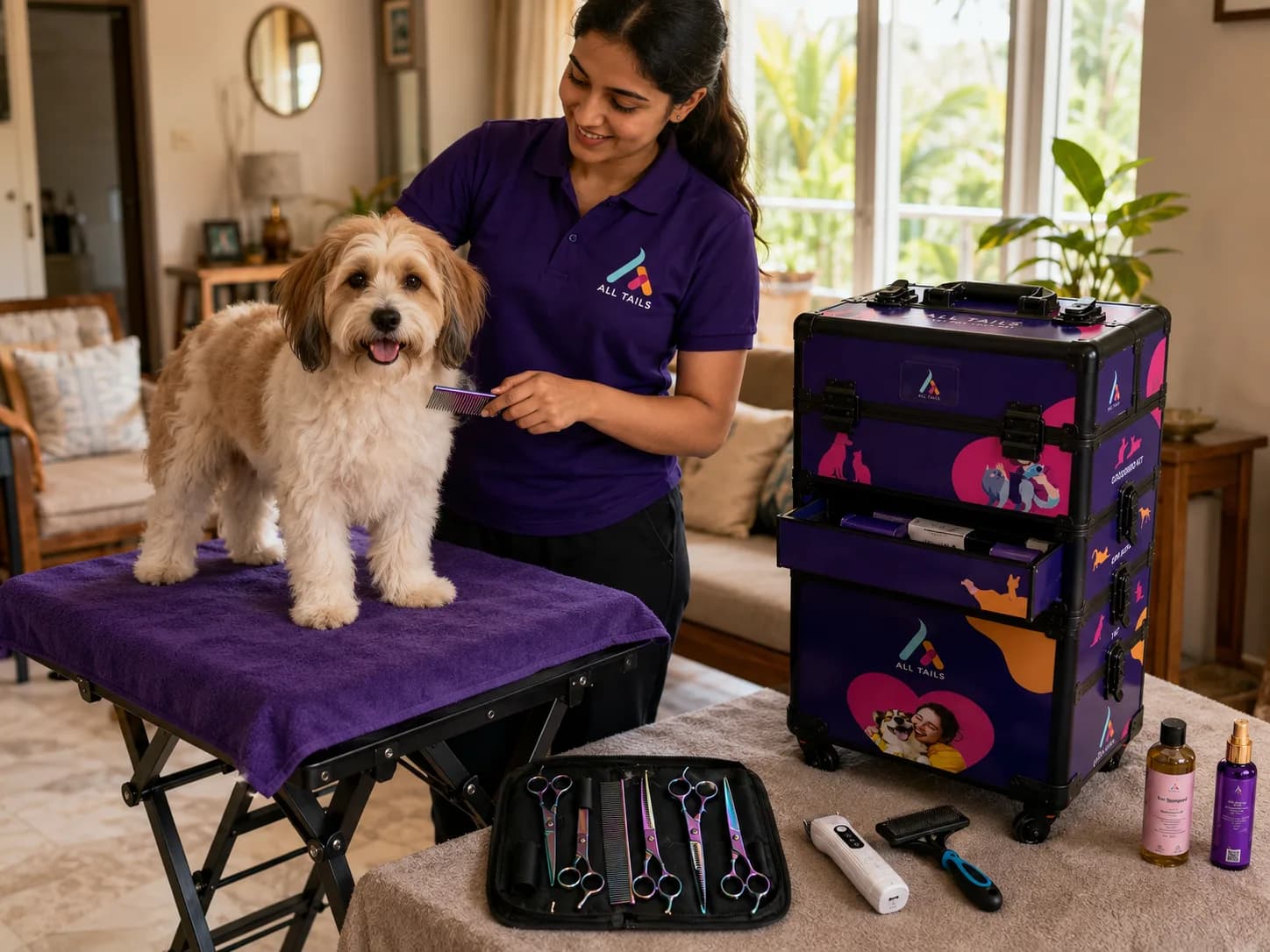 All Tails groomer brushing a happy dog at home