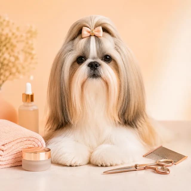 Fully styled dog glowing after a Complete Pampering session