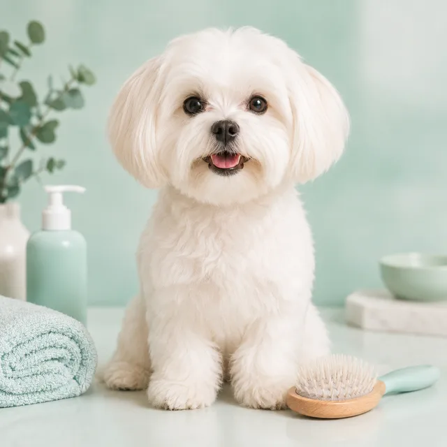 Freshly bathed small dog after an Essential Care session