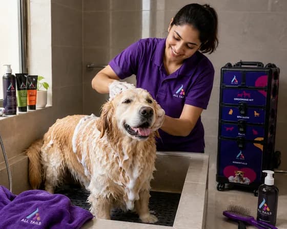 A groomer easing a nervous dog into a bath at home