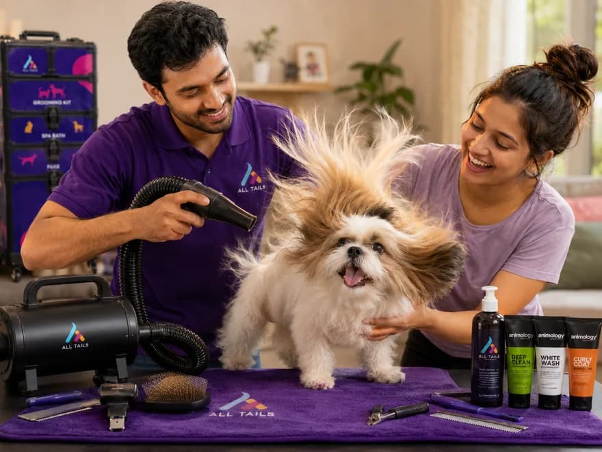 All Tails groomers blow-drying a fluffy dog