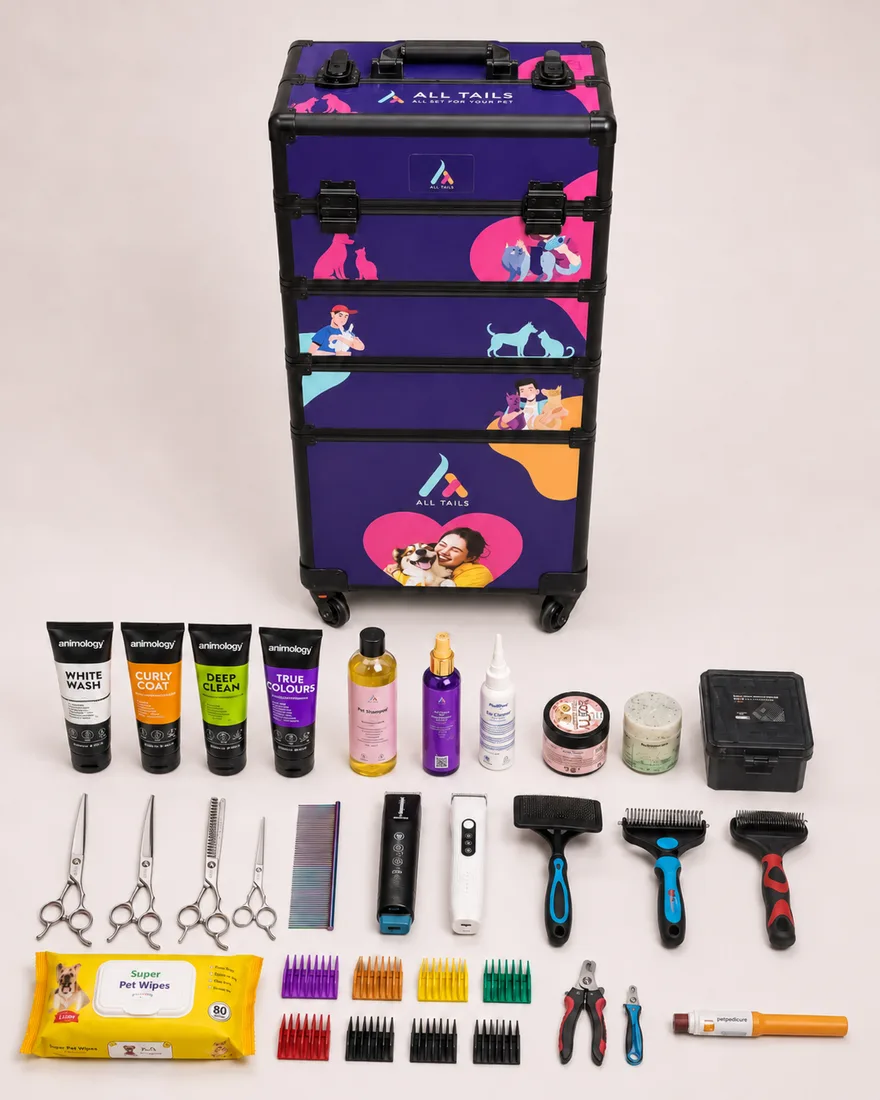 Sterilized grooming kit and premium products laid out