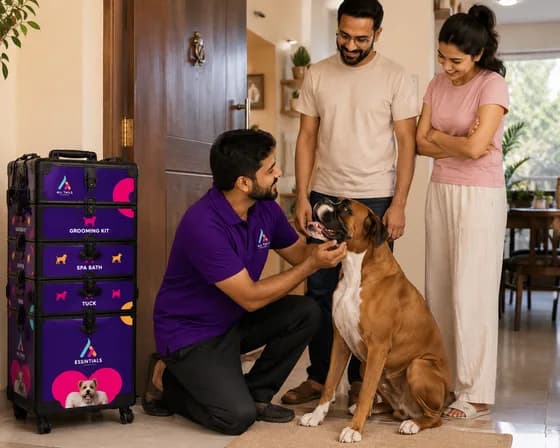 Pet parents smiling at the door after a grooming visit
